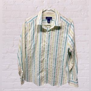 Charter club button front cotton blend light green tan white striped top
